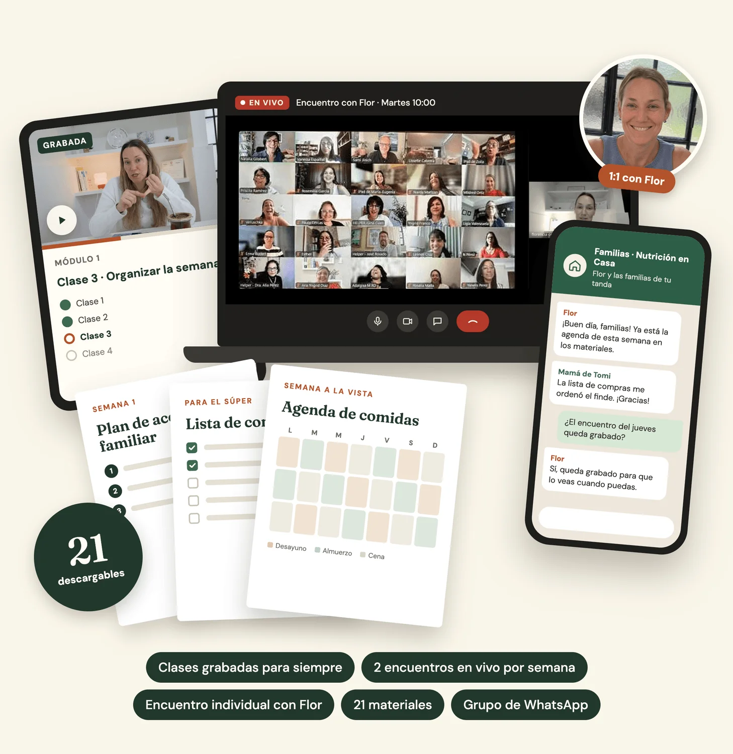 Lo que incluye el programa: clases grabadas, encuentros en vivo con Flor, encuentro individual, 21 materiales descargables y grupo de WhatsApp